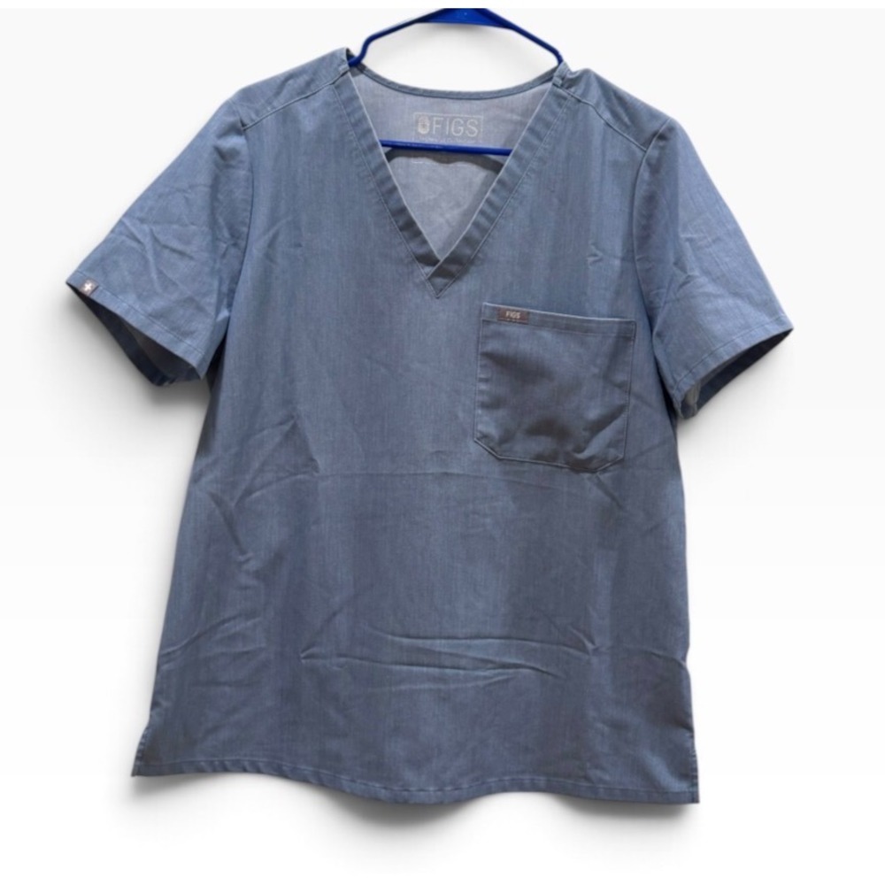 Figs Technical Collection V-Neck Scrub Top Blue Heathered Pocket Medical Large